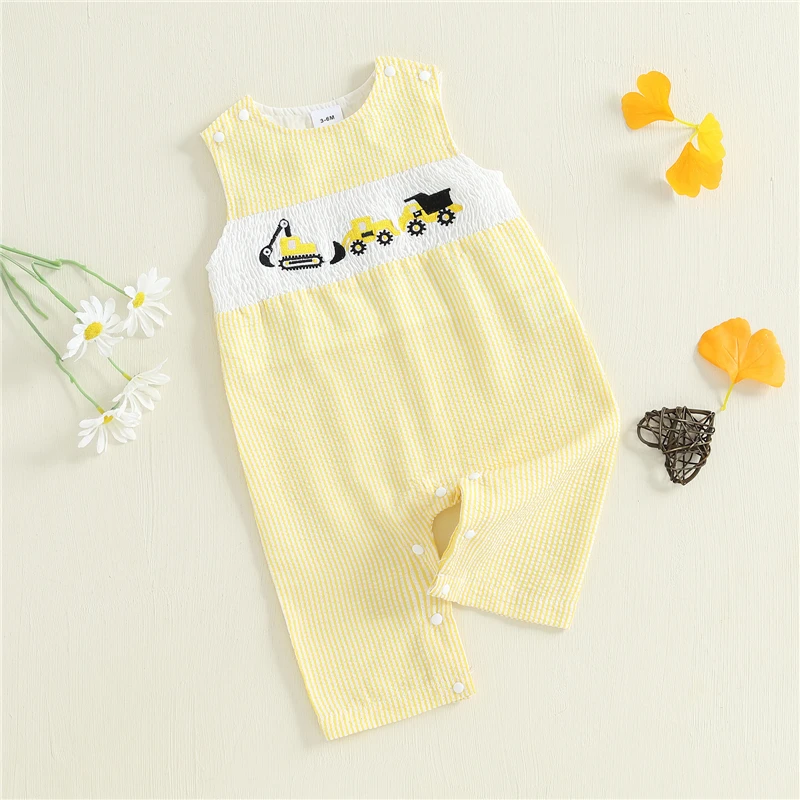 Infant Baby Boy Stripe Print Romper Overalls Excavator Embroidery Sleeveless Round Neck Jumpsuit Toddler Baby Boy Summer