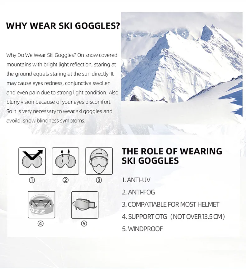 COPOZZ Zylindrische Skibrille für Männer und Frauen, Doppelschicht-Snowboardbrille für Erwachsene, Anti-Beschlag UV400 Skate-Skibrille – Detail 14