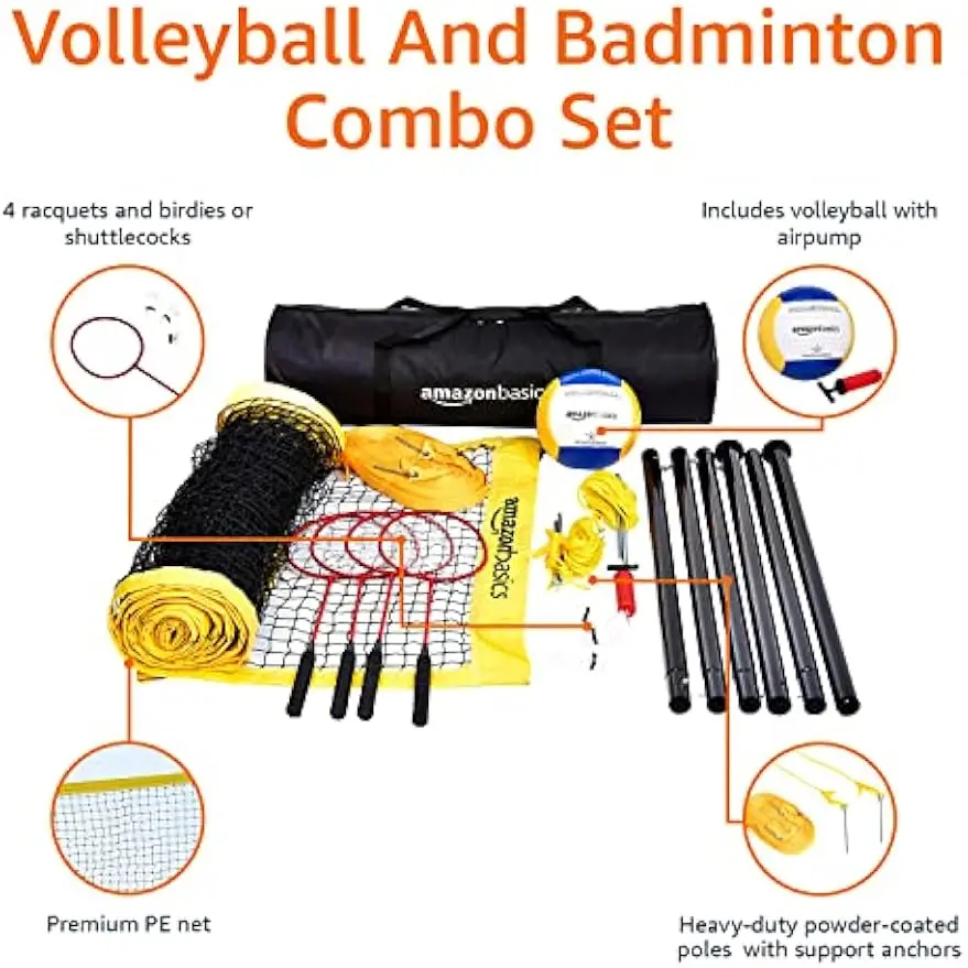 Outdoor Volleyball & Badminton Combo Set with Net, Poles, Racquets, Birdies & Ball in Durable Carrying Case