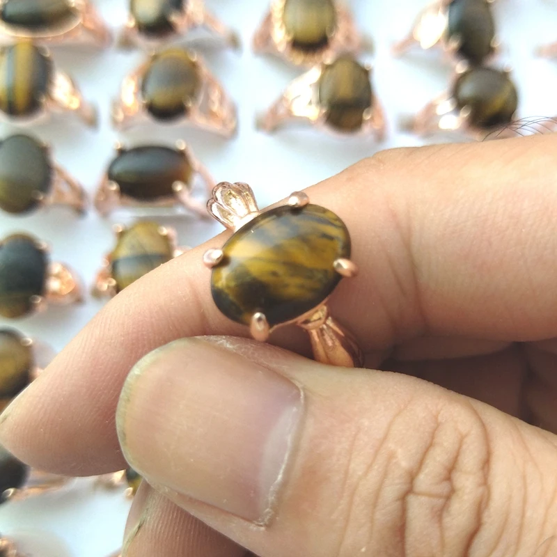 Rose Gold Plated Natural Tiger Eye Stone Rings 50pcs/lot Mixed Design For Women