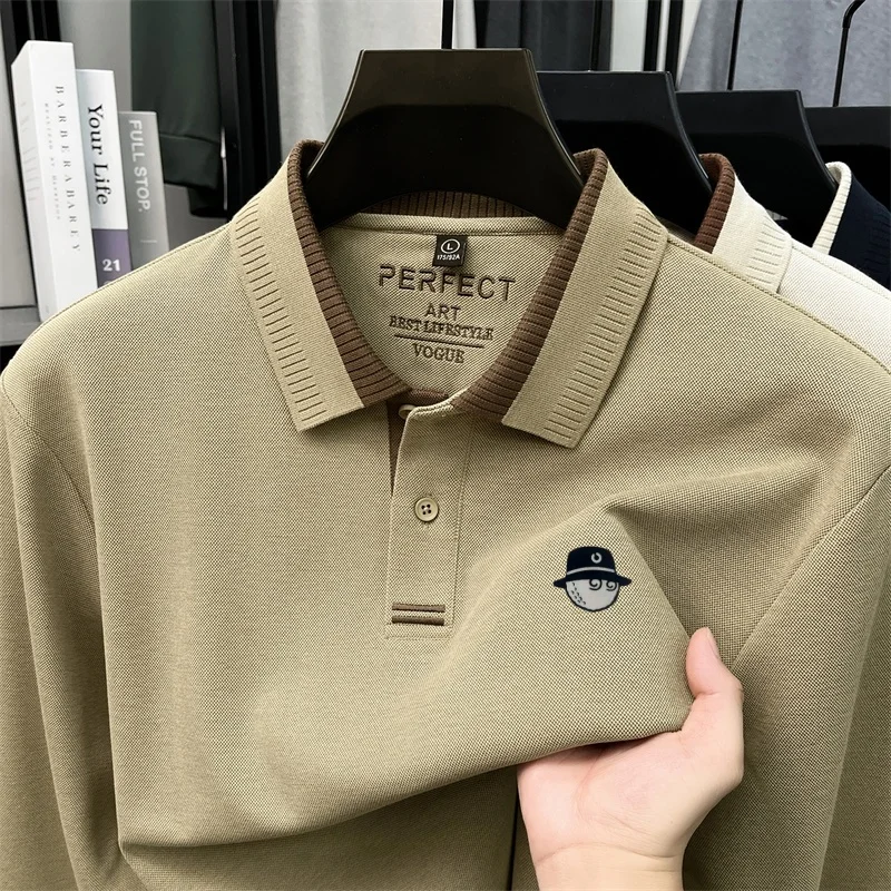 Herbstliches, bequemes Herren-Polohemd mit Print, Baumwollanteil, warm, einfarbig, langärmeliges T-Shirt, lässige Herrenbekleidung für den Alltag – Detail 2