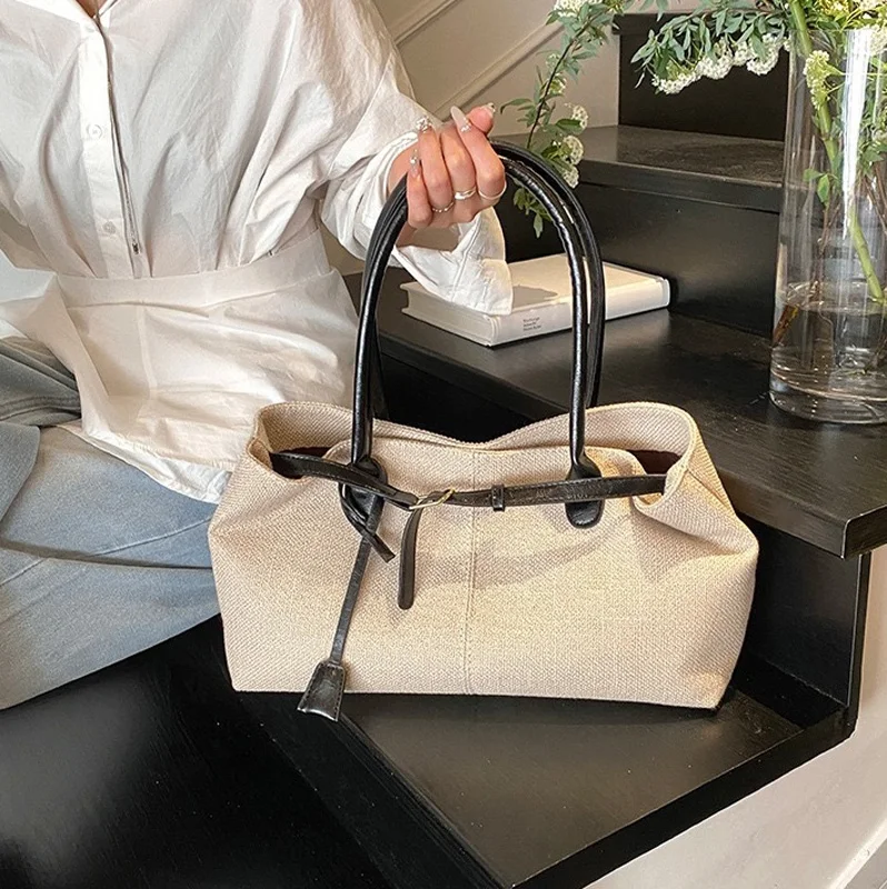 

CLAREGQI Women's Large Capacity Canvas Tote Bag, Leather Handle Shoulder Underarm Bag, Versatile Casual Commuter & Travel Handb