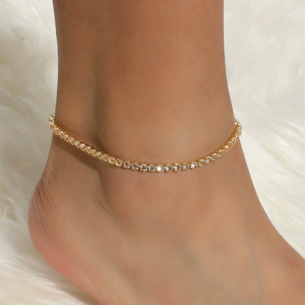 Sexy Single Row Full Crystal Rhinestone Anklet Women Bracelet Beach Imitation Barefoot Sandal Leg Golden Chain Foot Jewelry