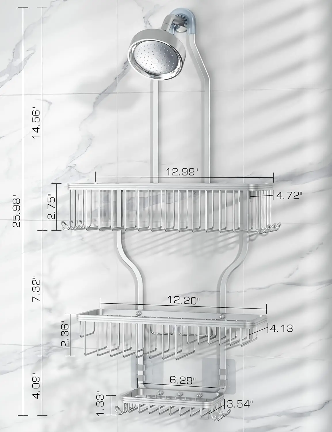Organizer per doccia sospeso Argento: contenitore in alluminio non arrugginisce mai, scaffale sopra la testa con ganci e portasapone per riporre il bagno