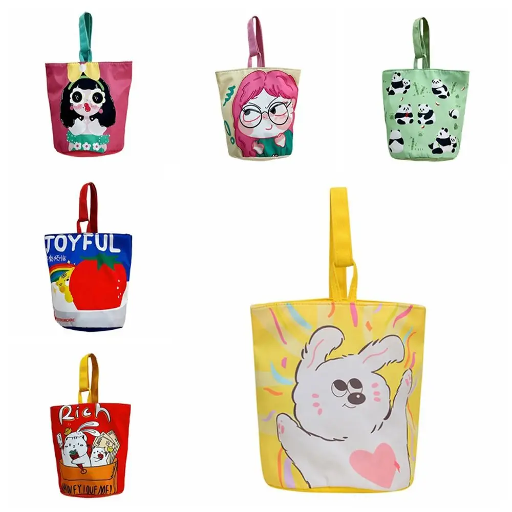 

Panda Cartoon Canvas Bucket Bag Cat Strawberry Canvas Cat Shoulder Bag Korean Style Storage Bag Ins Style Tote Bag