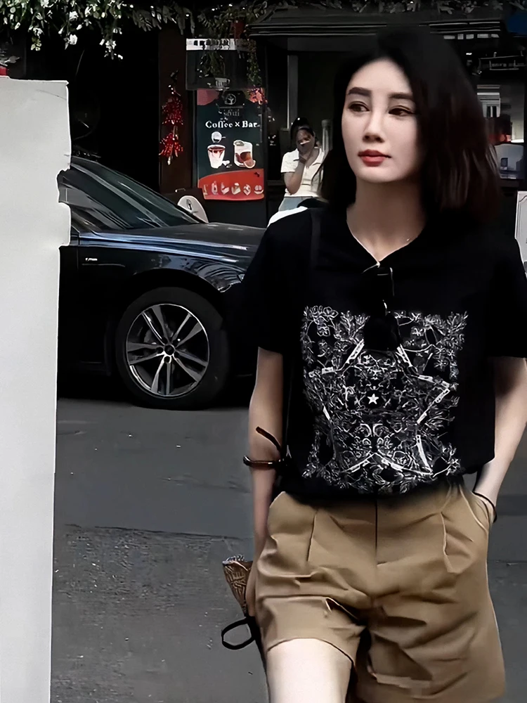 

Женская летняя футболка из чистого хлопка с круглым вырезом и коротким рукавом для повседневной носки