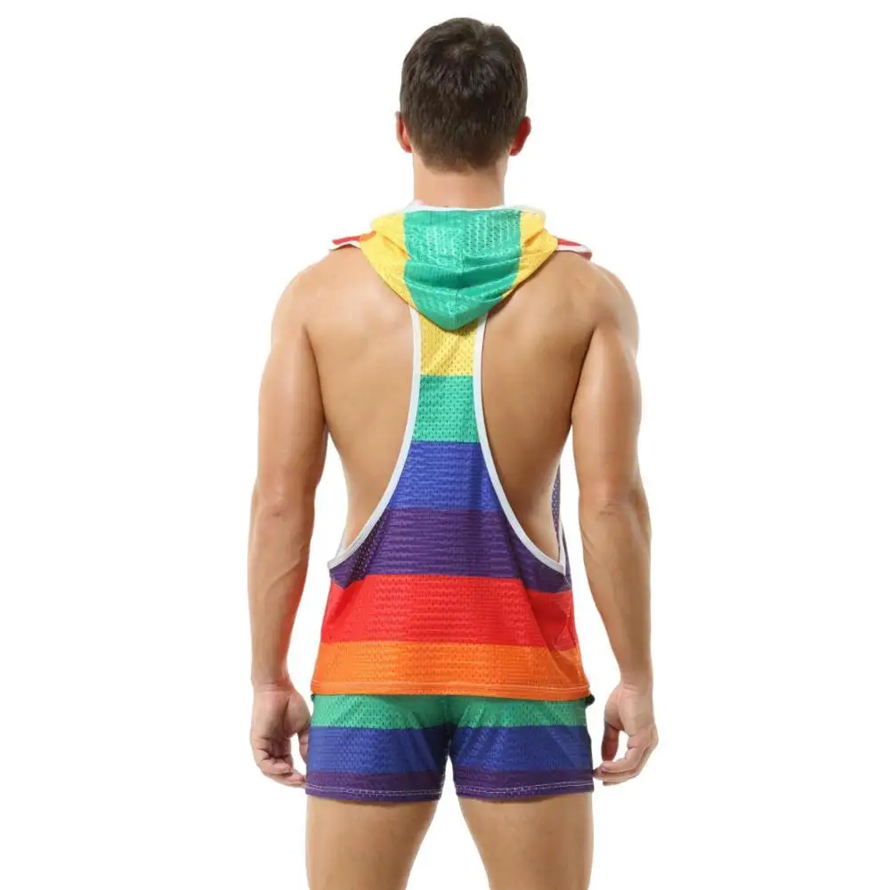 Men\'s Sets Rainbow Hooded Men\'s Tank Tops Mesh Breathable V-neck Vests Men Shorts Streetwear Tops Tee Sports Fitness Singlets