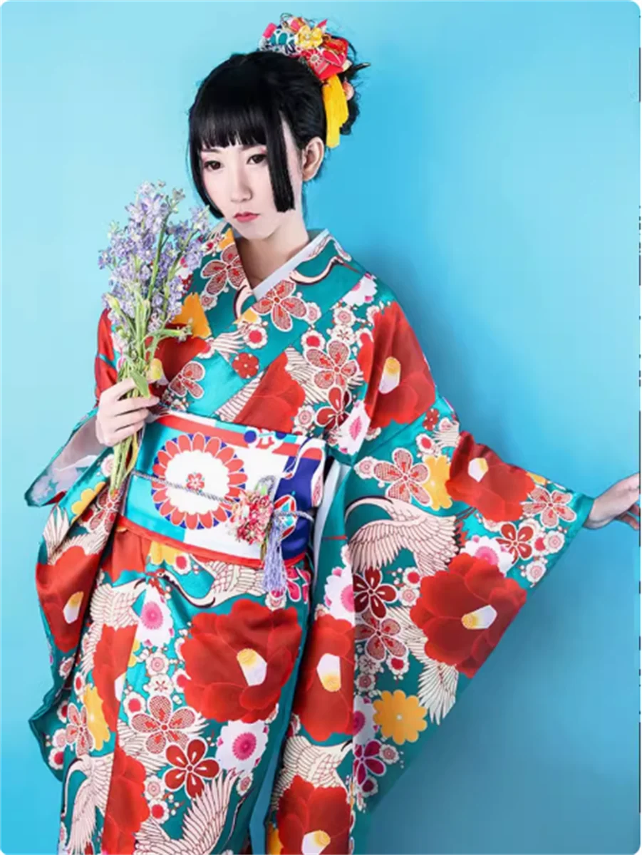 

Classical Japanese kimono, bathrobe, improved cherry blossom crane formal attire, traditional kimono for women