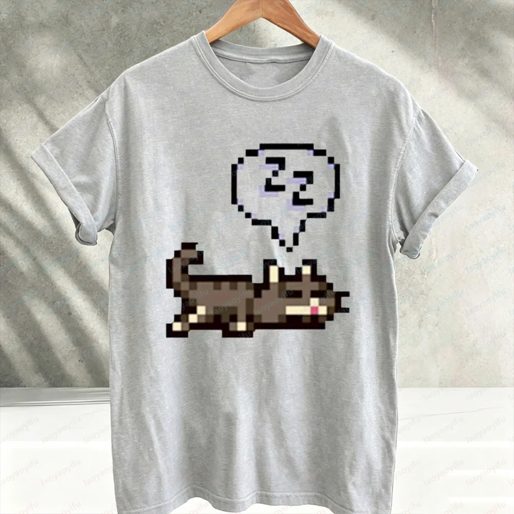 Retro Pixel Sleeping Cat Zz Speech Bubble Graphic T‑Shirt 8‑Bit Game Style Cute Kitten Print Cotton Casual Loose Streetwear Tees