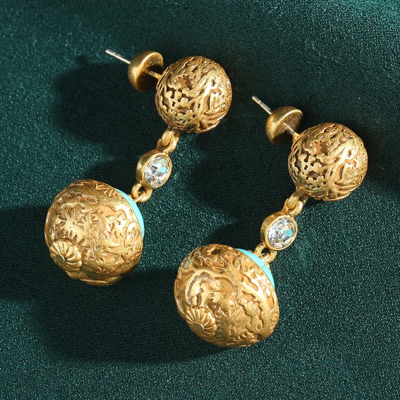 Vintage Turquoise Earrings Woman Drop Gold Color Carve Ball Round Antique Jewelry Zang Nationality Designer Luxury Accessories