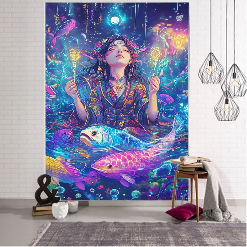 

Psychedelic mushroom girl elf background decoration tapestry neon girl background decoration tapestry home background decoration