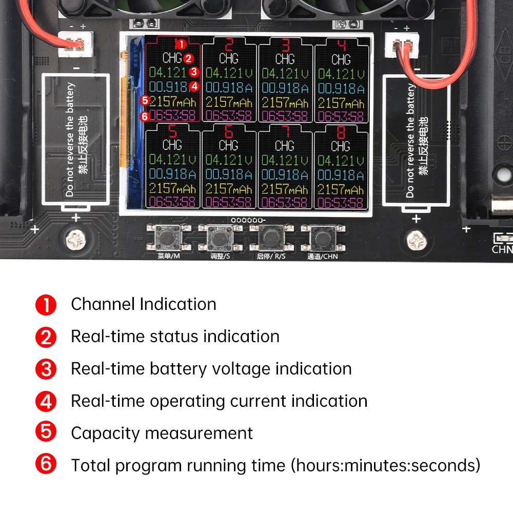 8-Channel 21700 18650 Lithium Battery Auto Charge/Discharge Tester Capacity Internal Resistance Tester 2.4-in Color Screen DC 5V