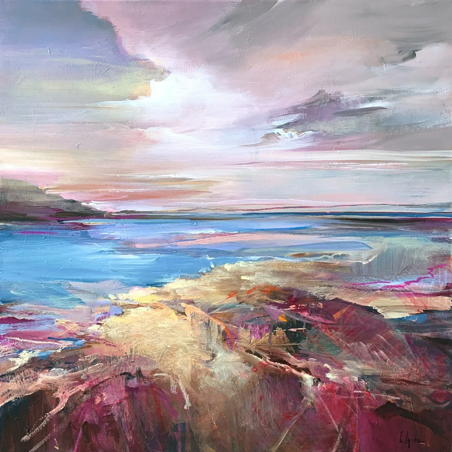 Home DecorModern Abstract Landscape Oil Painting On Canvas With Frame Pink Green Seaside Scenery Poster Prints Wall Art Picture