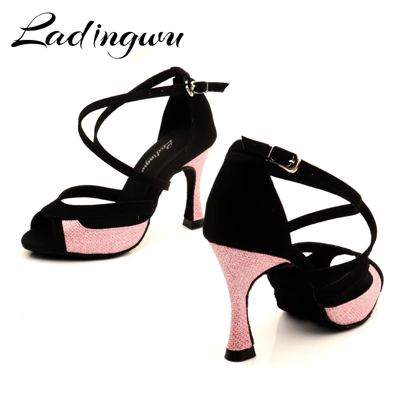 Ladingwu Latin Dance Shoes For Women Black Suede and Pink Glitter Salsa Dance Shoes Women\'s Ballroom Dance Sandals