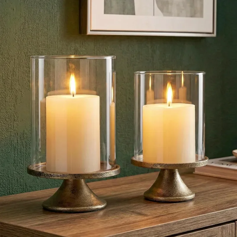 Light Luxury Gold Base Glass Candle Holder European Windproof Candle Cup Romantic Atmosphere Ornament Wedding Decoration