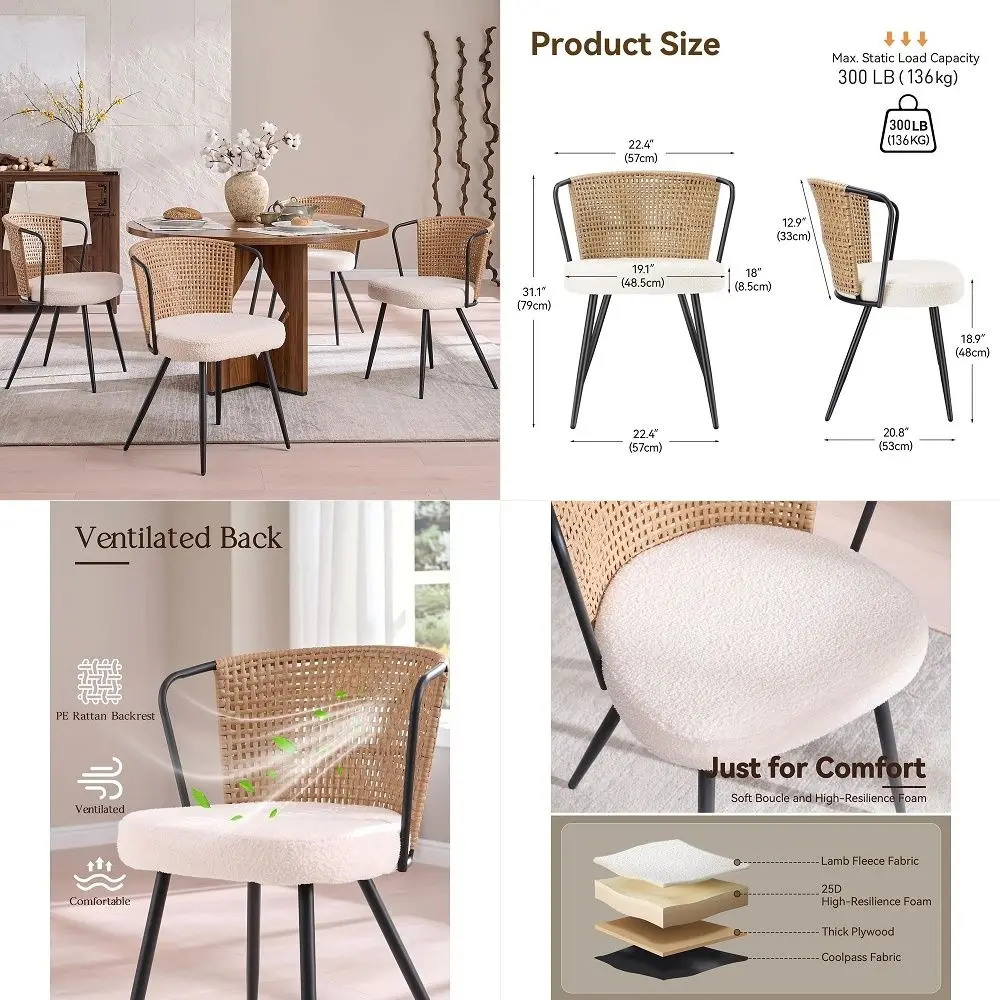 

Rattan Dining Chairs Set of 4 Farmhouse Upholstered PE Rattan Kitchen Chair with Boucle Cushion, Wingback Dining Room Seat with