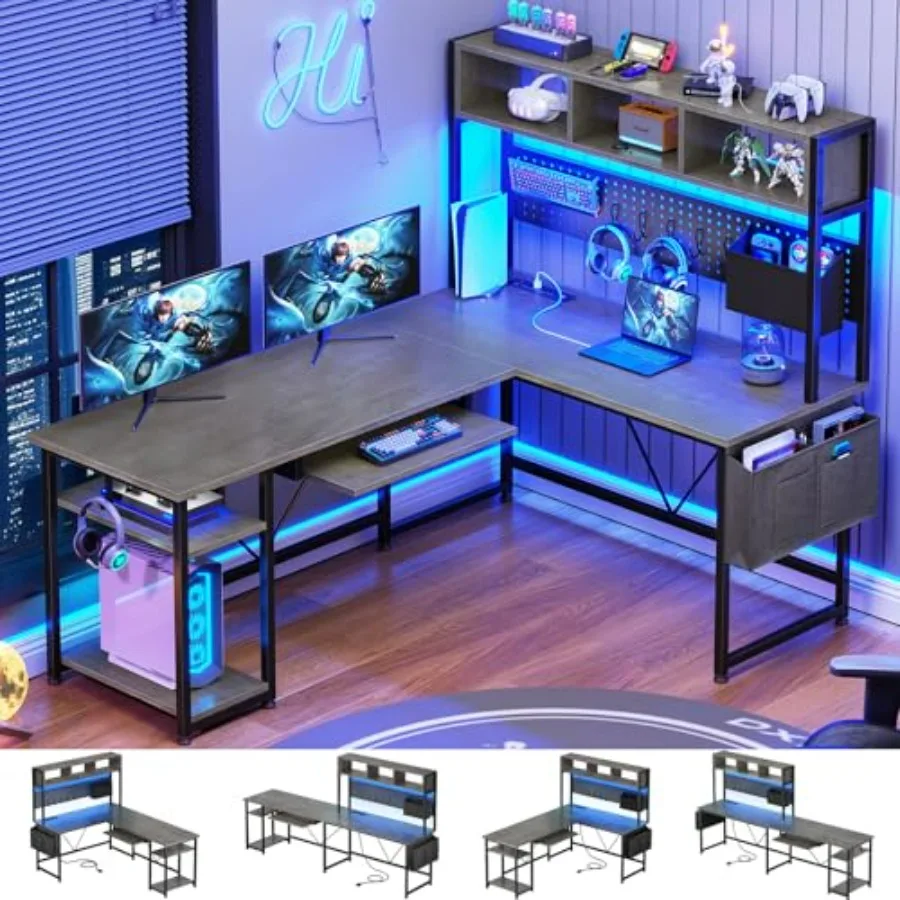 

Игровой компьютерный стол L-образной формы с навесной полкой, 57,5 дюймов, реверсивный, для домашнего офиса, с розеткой и перфорированной панелью, с креплением для клавиатуры