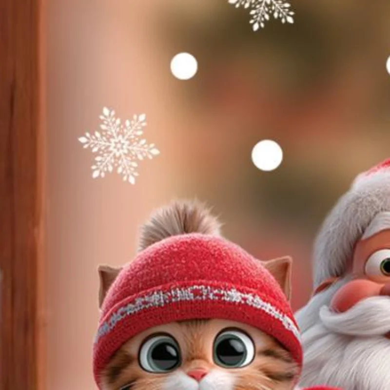 Christmas Window Clings With Cute Santa Cat Snowflake Pattern Removable Self Adhesive For Home Shop Xmas Decoration