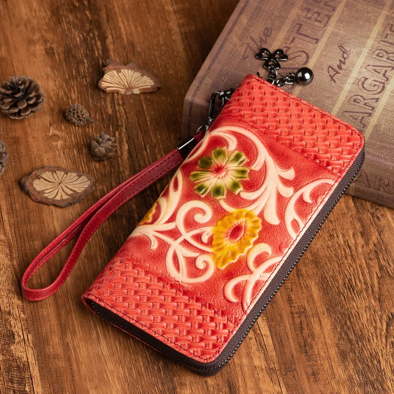 

Genuine Leather Women Clutch Bags Wallet Long Purse Embossed ID/Credit Card Holder Designer Real Cowhide Female Handy Wrist Bag