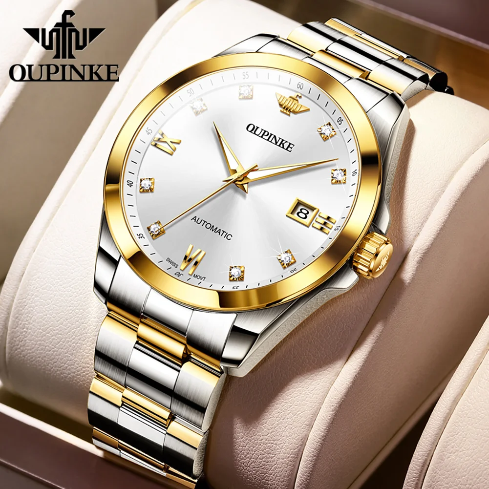 OUPINKE High Quality Men\'s Watches Swiss Movement Fully Automatic Mechanical Watch True Diamond Waterproof Calendar Male Watch