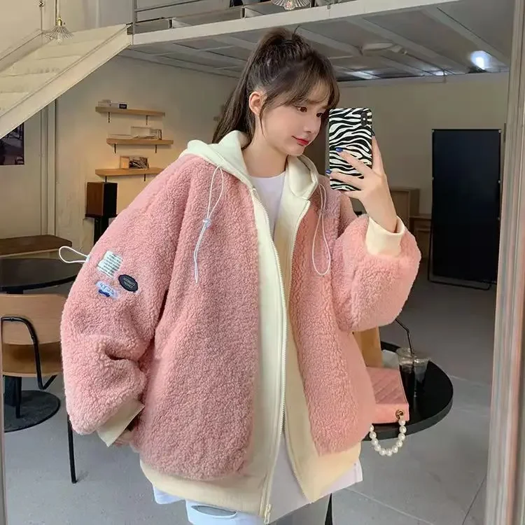 

New Plush Thickened Women's Jacket Autumn and Winter 2022 Loose Fashion Hooded Short Coat Imitation Lamb Plush Women's Jacket