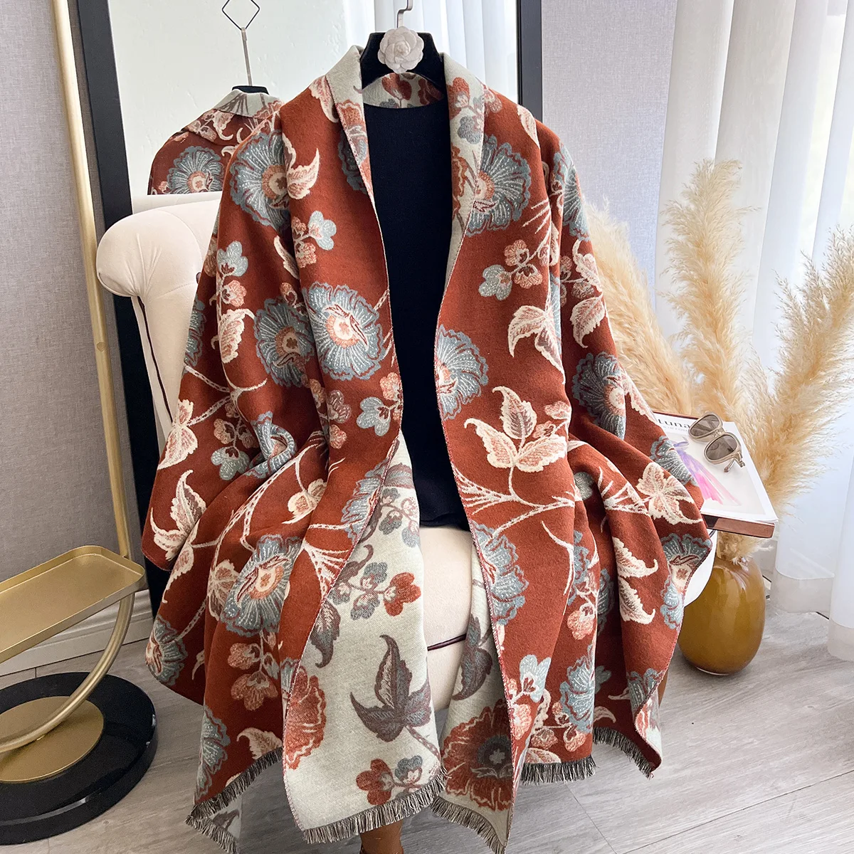 

New Elegance Brand Flowers Scarf for Women Warmer Winter Pashmina Jacquard Scarves Shawls Female Thick Blanket Wraps Foulard