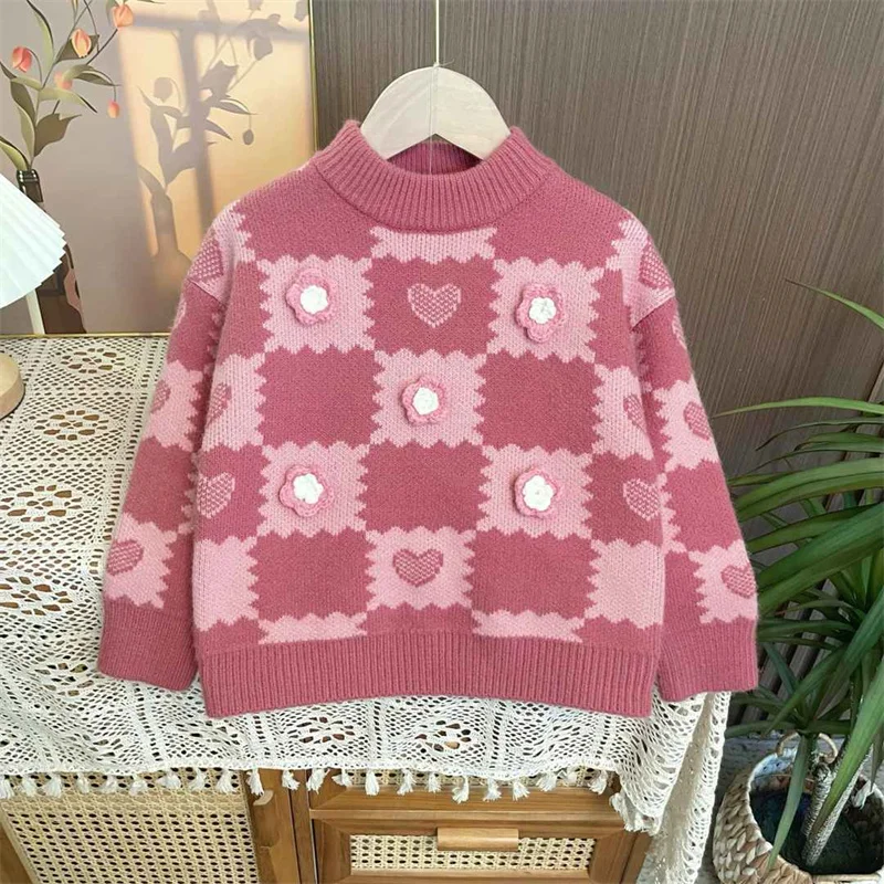 

Girls Sweater Wool Coat Kids Tops Knitting 2024 Lovely Thicken Warm Winter Autumn Christmas Gift Teenagers Children's Clothing