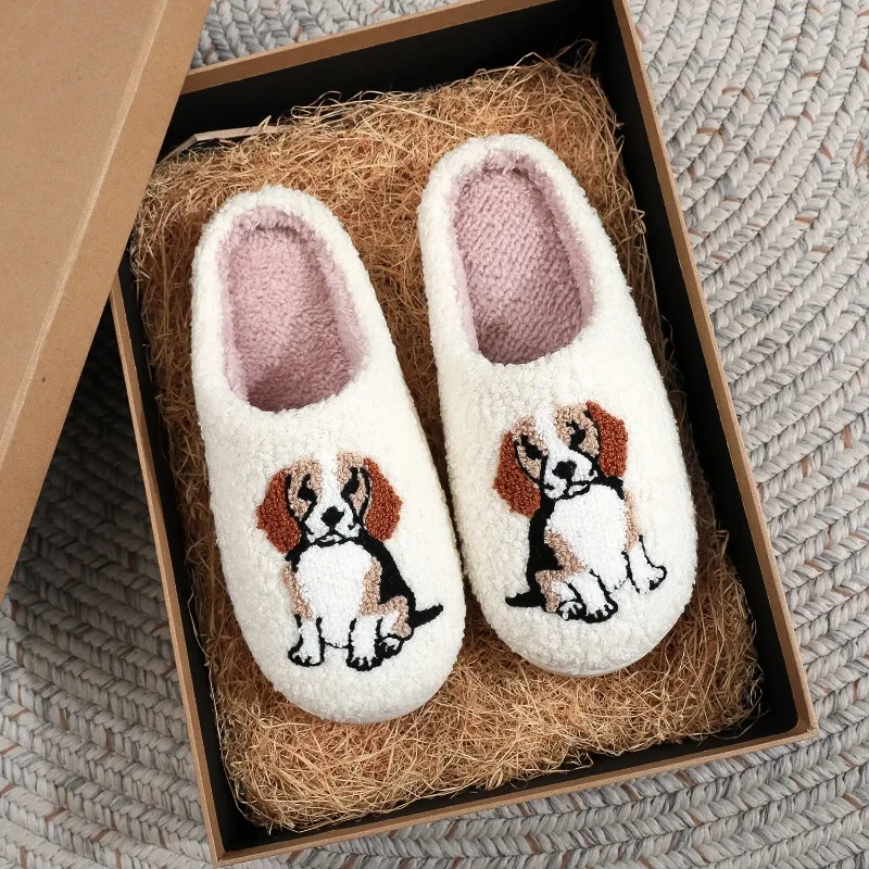 

Beagle Pet Dog Pattern Embroidered Plush Home Thick-Soled Comfortable Furry Slippers Cute Non-Slip Indoor Slippers Pet Gift