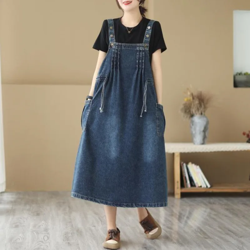 

Women's Spaghetti Strap Denim Dress 2025 Vintage Sleeveless Long Jeans Dress Female Overalls Loose Pocket A-line Robe Vestdios