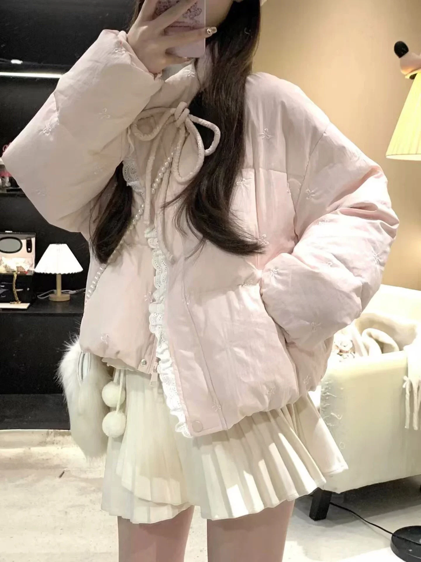 핑크 오르트 여성용 다운 재킷 스위트 코리안 스타일 겨울 코트 따뜻한 슬리퍼 출퇴근 패션 폴리에스터 섬유 롱 슬리브