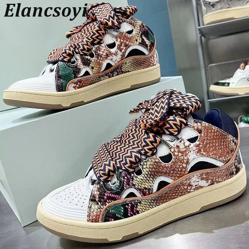 Round Toe Genuine Leather Snake Pattern Decorative Flat Shoes Thick Soled Lace Up Sneakers Spring Autumn Commuting Tennis Unisex