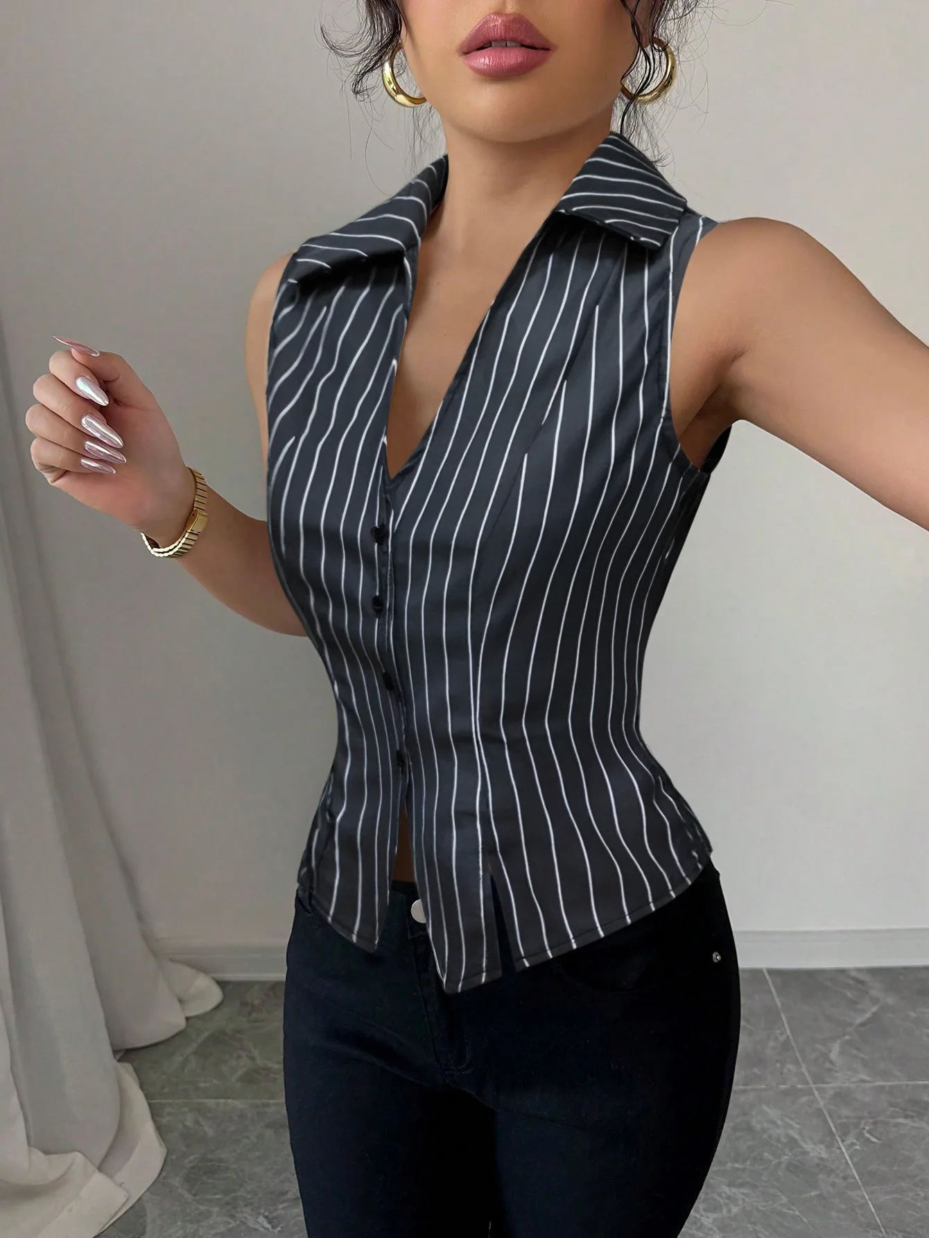 2025, neues Damen-gestreiftes Hemd, ärmellos, schmal, Knopfleiste, Strickjacke, Top, Weste, Mode, Pendler, Büro, Tank