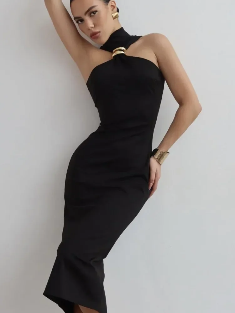 Coltrui sexy metalen ring zomer nieuwe mouwloze maxi-jurk voor vrouwen hoge taille gewaad bodycon party lange jurk elegant