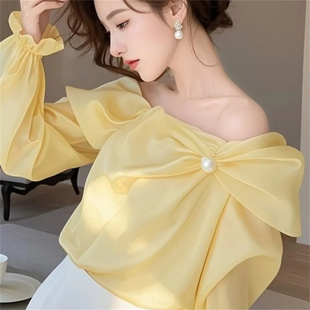 

2025 Early Spring Chiffon Blouse Elegant Ladies Off Shoulder Long Sleeve Tops Outwear Vintage Women Solid Casual Shirts Blusa