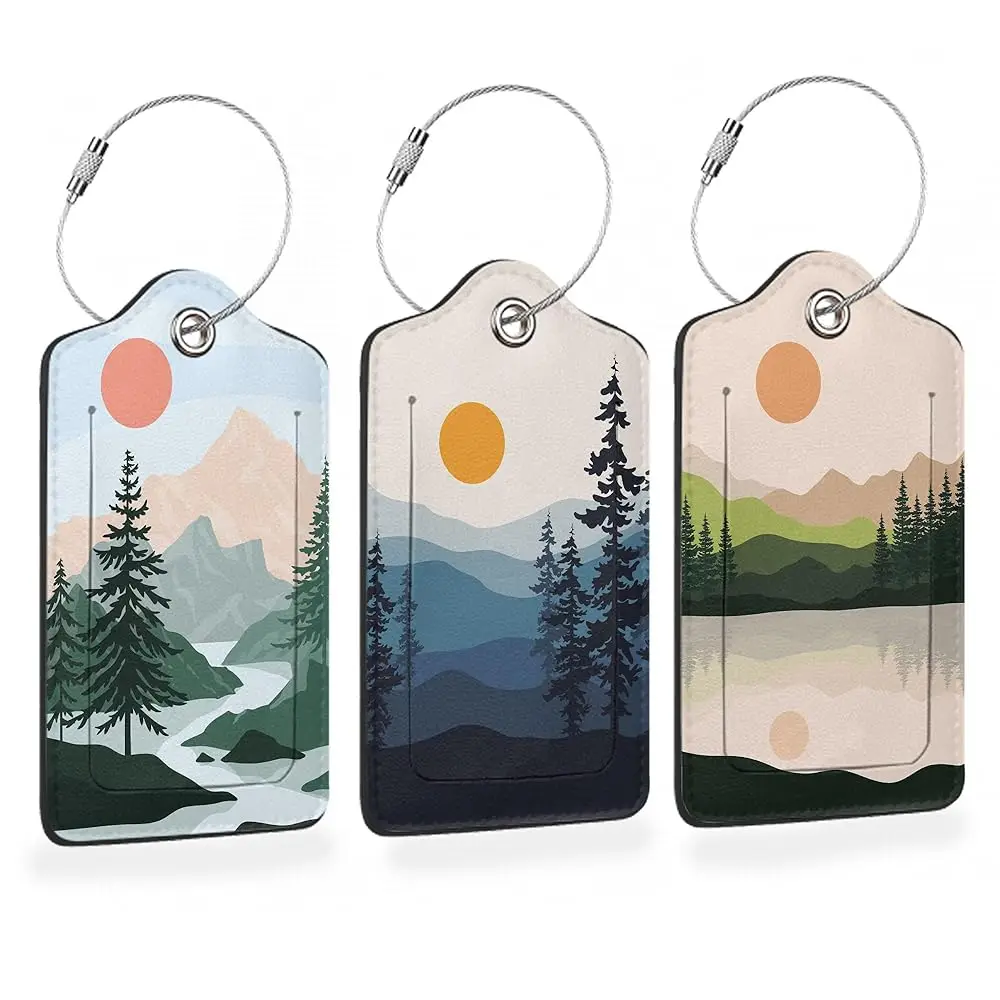 

3 Pcs Luggage Tag for Suitcases,Mountain and Tree Sunset Landscape Leather Baggage Tags Identifiers for Travel,Privacy Protec