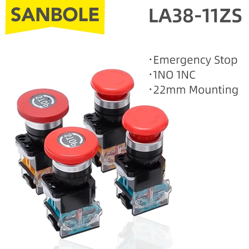 LA38-11ZS Emergency Stop 10A 380V 22mm Self-Locking Head Power Control Mushroom Push Button Switch 1NO 1NC