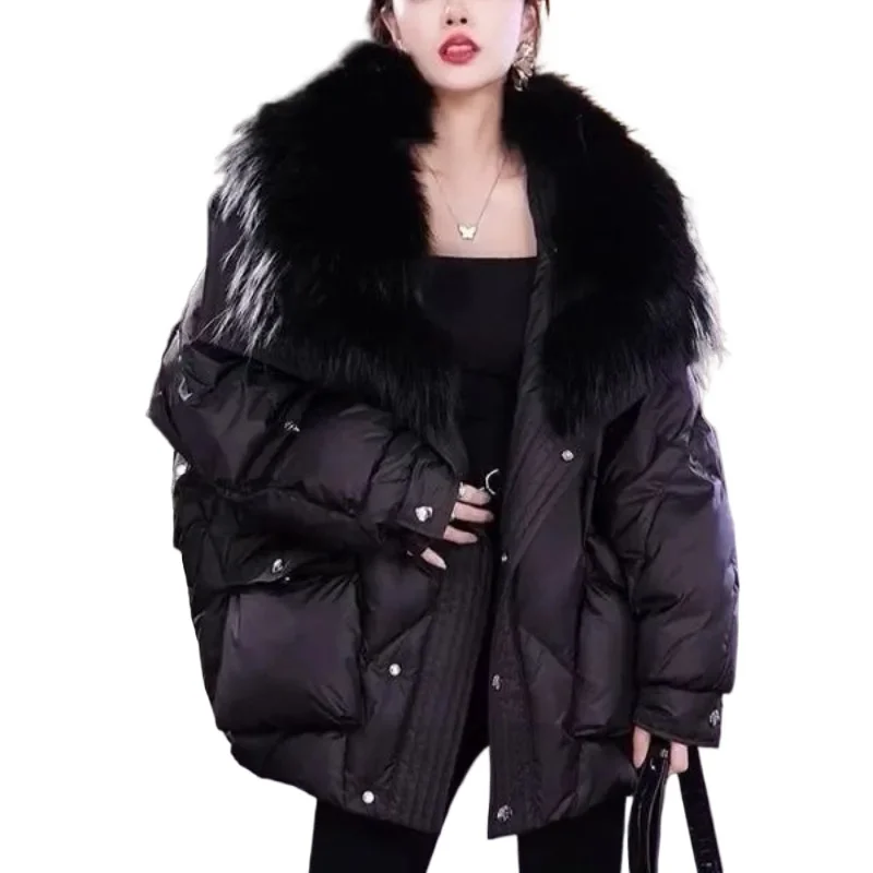 2025 Relaxation Overcome  New Explosive Winter European Goods Down Big Fox Fur Collar Young Fashion Imitation Fur Coat Women