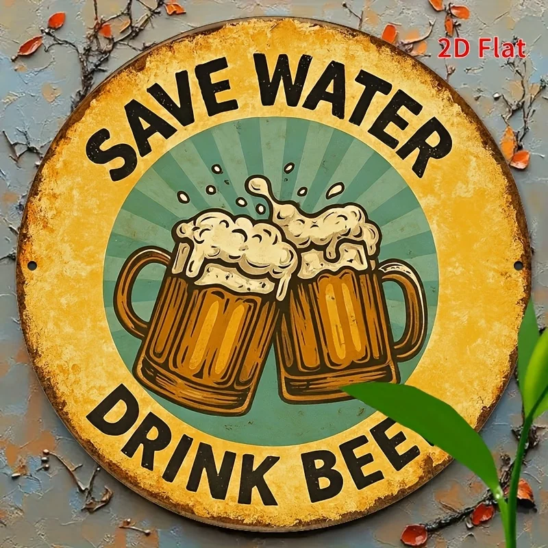 2D Flat, 1 Stück lustiges „Save Water Drink Beer“-Barschild – Vintage-Retro-Metallposter mit Bierkrug-Grafik – Gelb bis Braun Gradien
