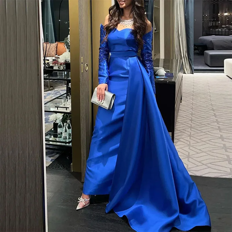 Elegantes blaues Langarm-Abendkleid aus Satin hülle mit abnehmbaren Zug perlen aus dem schulter freien Promi-Kleid