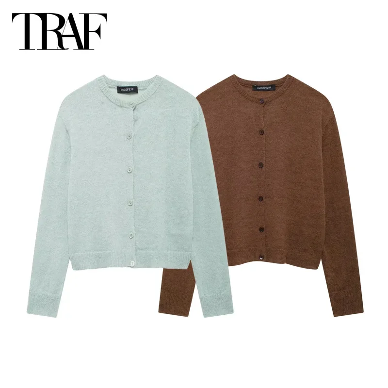 TRAF Green Cropped Sweater Women Outerwear 2024 Autumn Short Knit Cardigan Ladies Fashion Casual Brown Long Sleeve Knitwear Coat