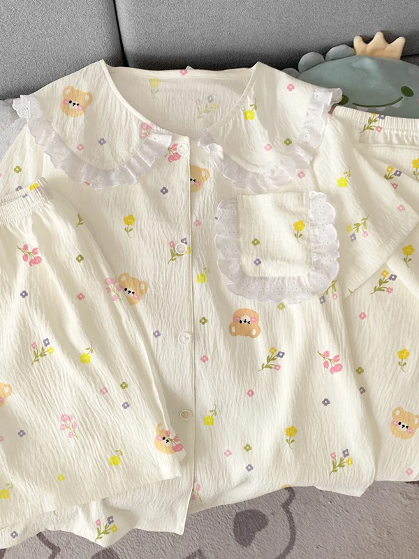 

Cloud Cotton Summer Sleepwear Short Sleeve Thin Set Casual Home Clothes for Students Dormitory Wearable Cute Cartoon Pattern