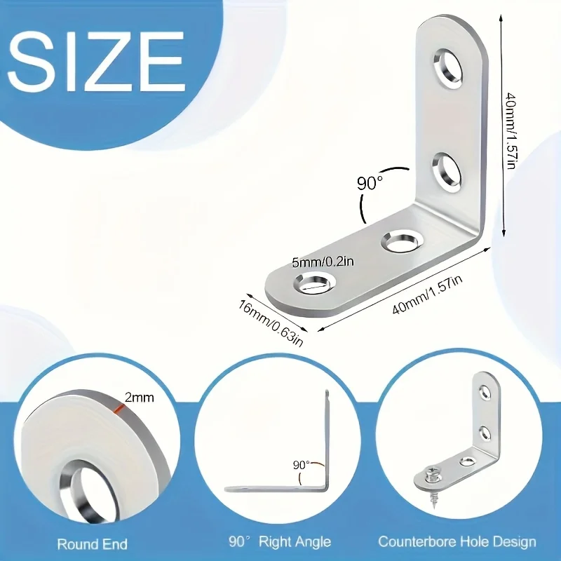 A set of 50pcs,including 10pcs 90-degree right-angle brackets with 40screws,L-shaped bracket hardware for wooden shelves,chairs