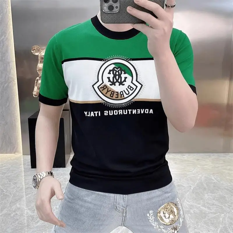 

Вязаная футболка из ледяного шелка с коротким рукавом для мужчин, модная футболка с принтом, универсальный летний топ 2025 года