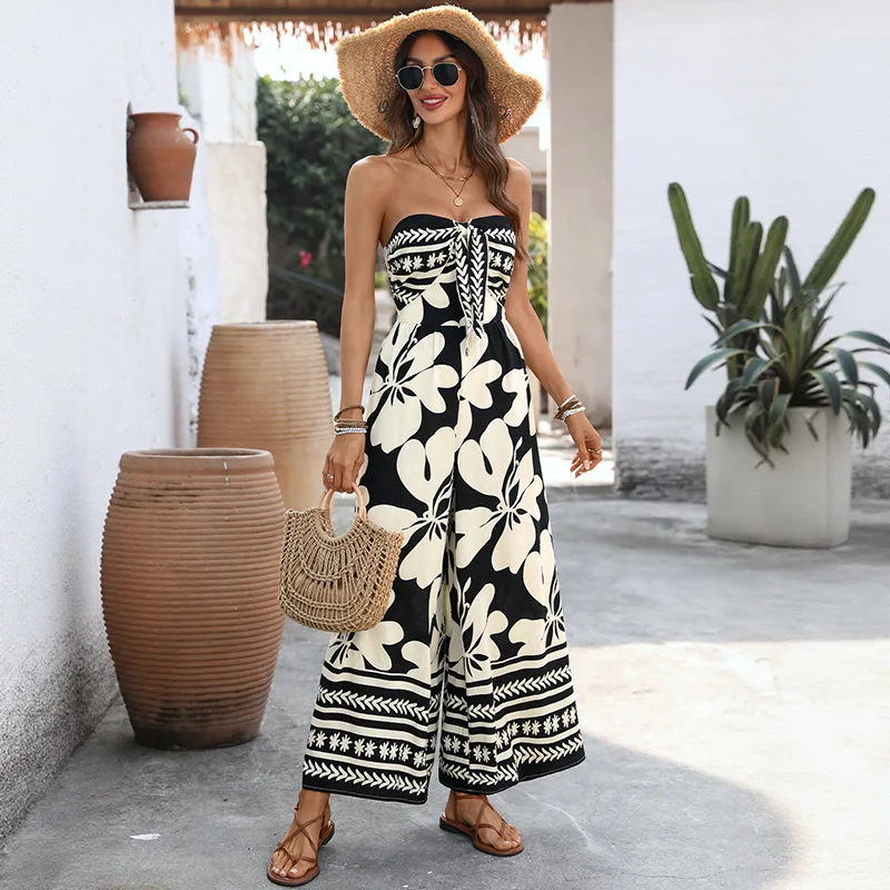 

New Floral Print Lace-up Bustier and Backless Jumpsuit for Women