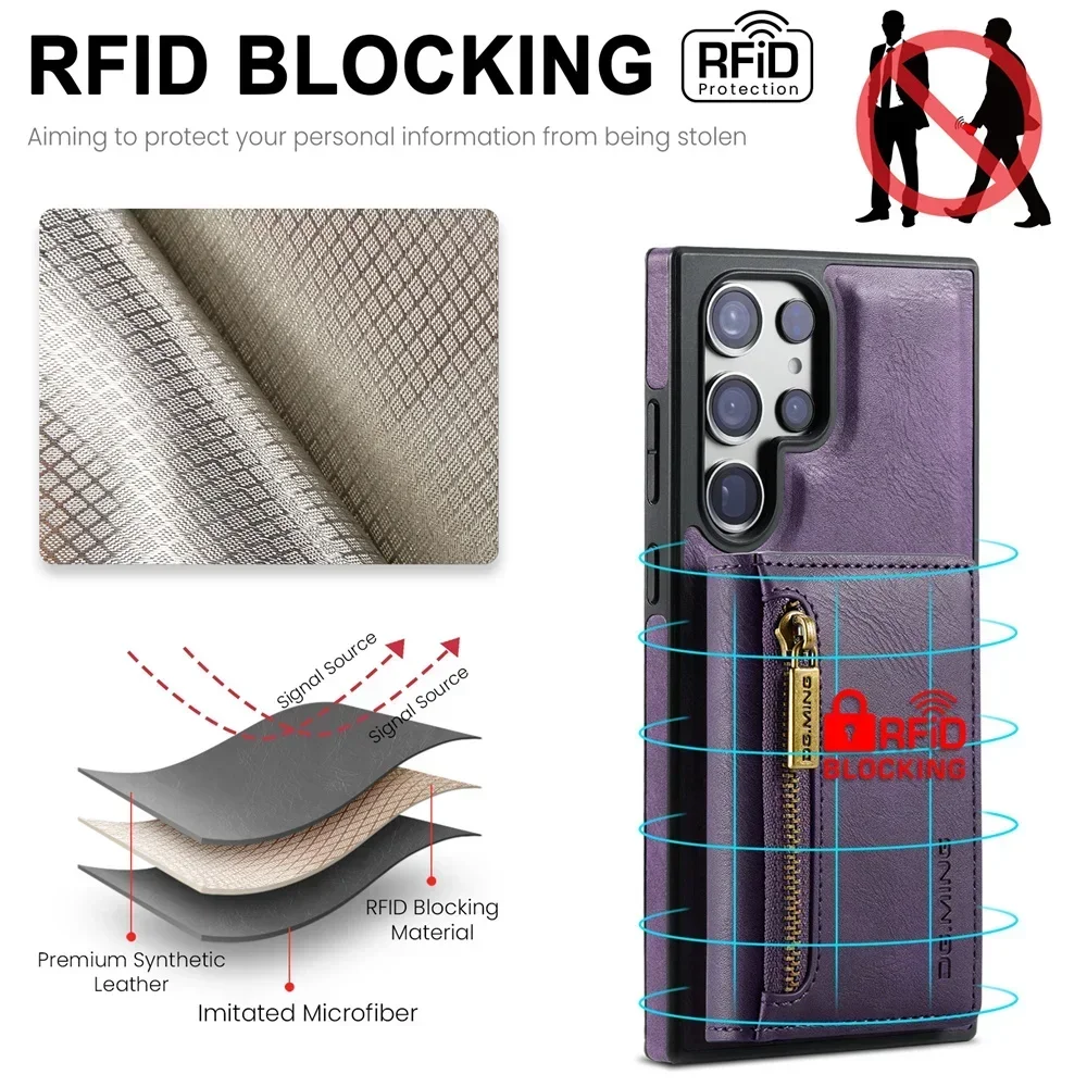 DG.Ming RFID Blocking Retro Flip Leather Case For Samsung Galaxy S24 S22 S23 Plus Ultra S24 FE Wallet Magnetic Cover Detachable