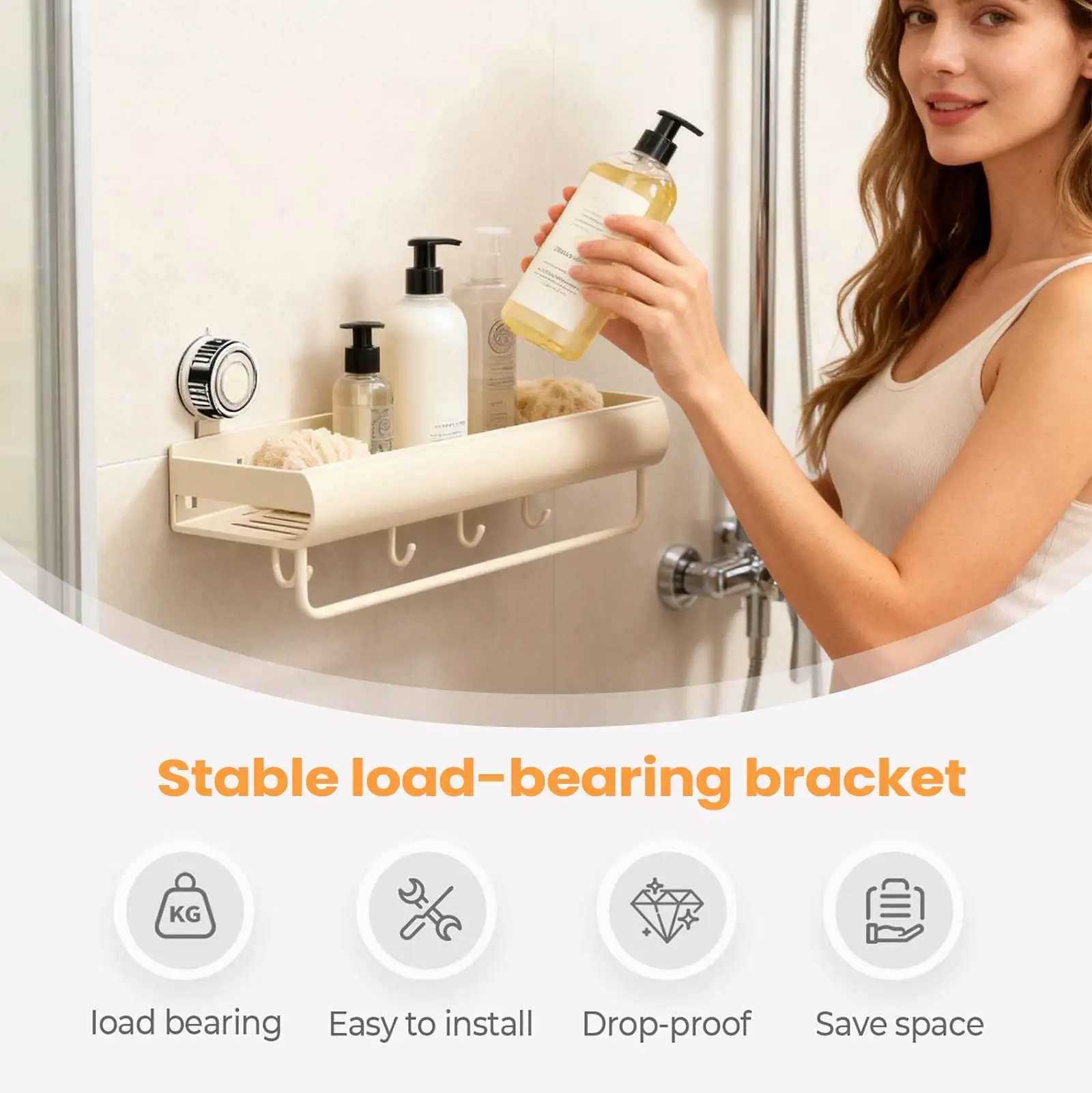 أرفف للاستحمام بدون حفر مع خطافات شريط المناشف، رفوف الدش الحديثة، منظم الحمام لصابون اللوف والشامبو وغسول الجسم #4