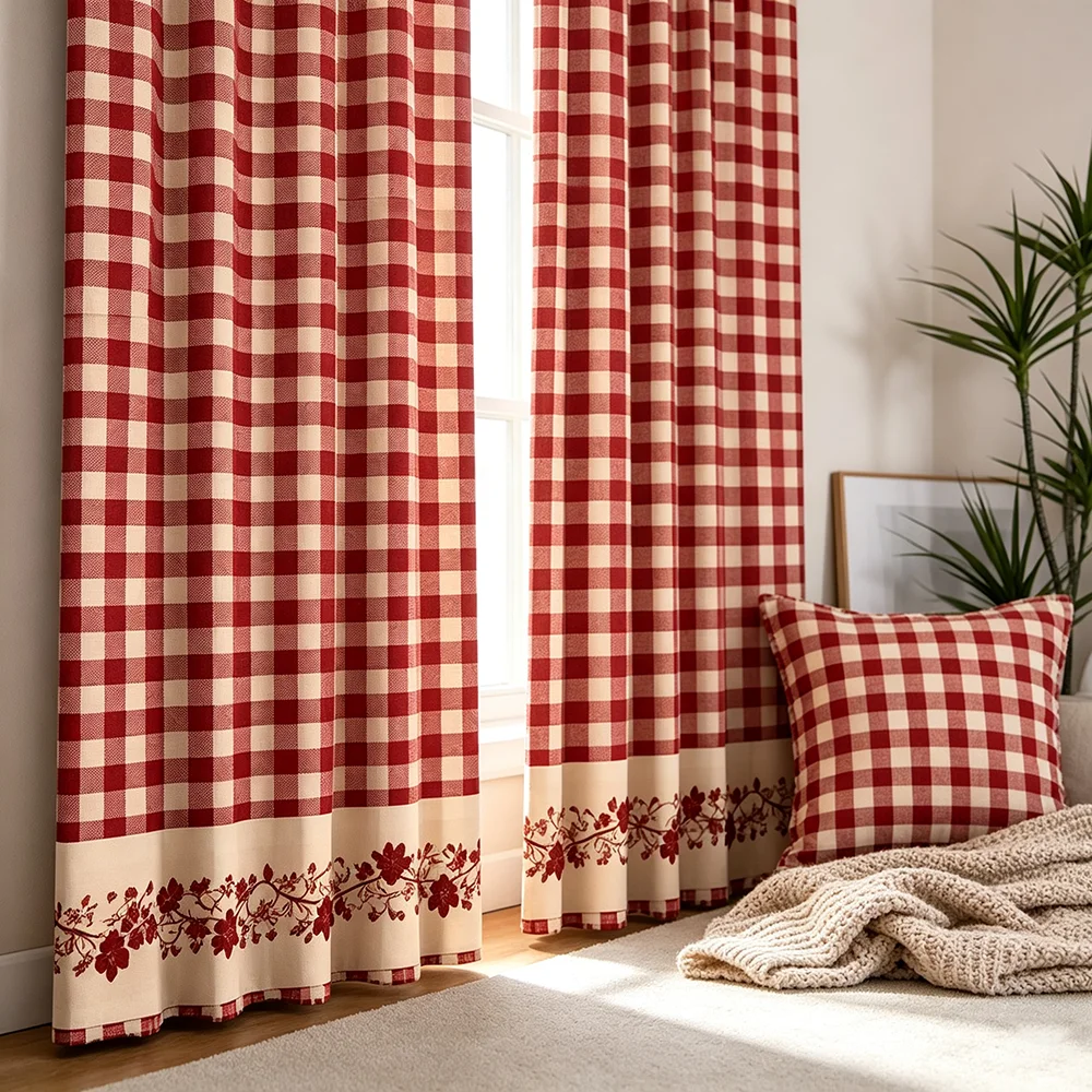 Red White Gingham Floral Vine Curtains, Rod Pocket, Polyester, Home Decor, Bedroom Living Room, Farmhouse Style Decor, Polyester