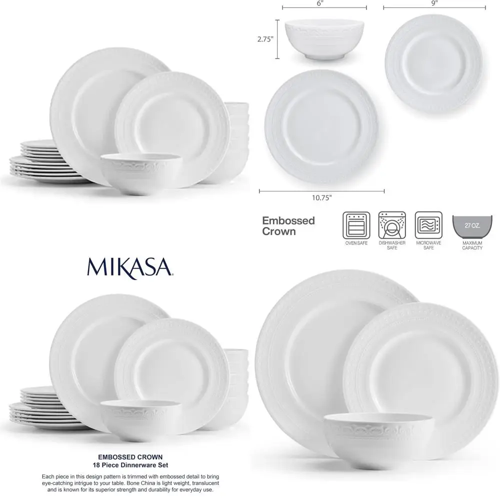 

Mikasa Crown White, 18-Piece Dinnerware Set, Resistant to Chips, Serving 6 People