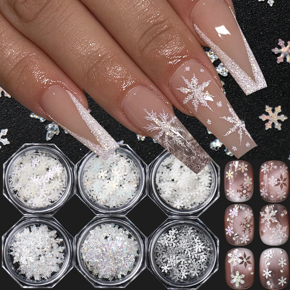 6 Boxes Sparkling Snowflake Nail Sequins 3D Multi-shaped Holographic Laser White Silvery Snowflakes Nail Glitter Decorations