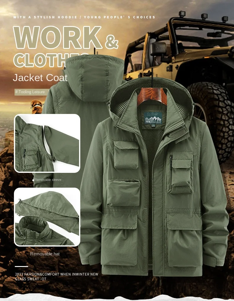 Spring and Autumn Men's Cargo Jacket 2024 New Fashionable Outdoor Windproof and Wear Resistant Multi Pocket Workwear Men's Coat